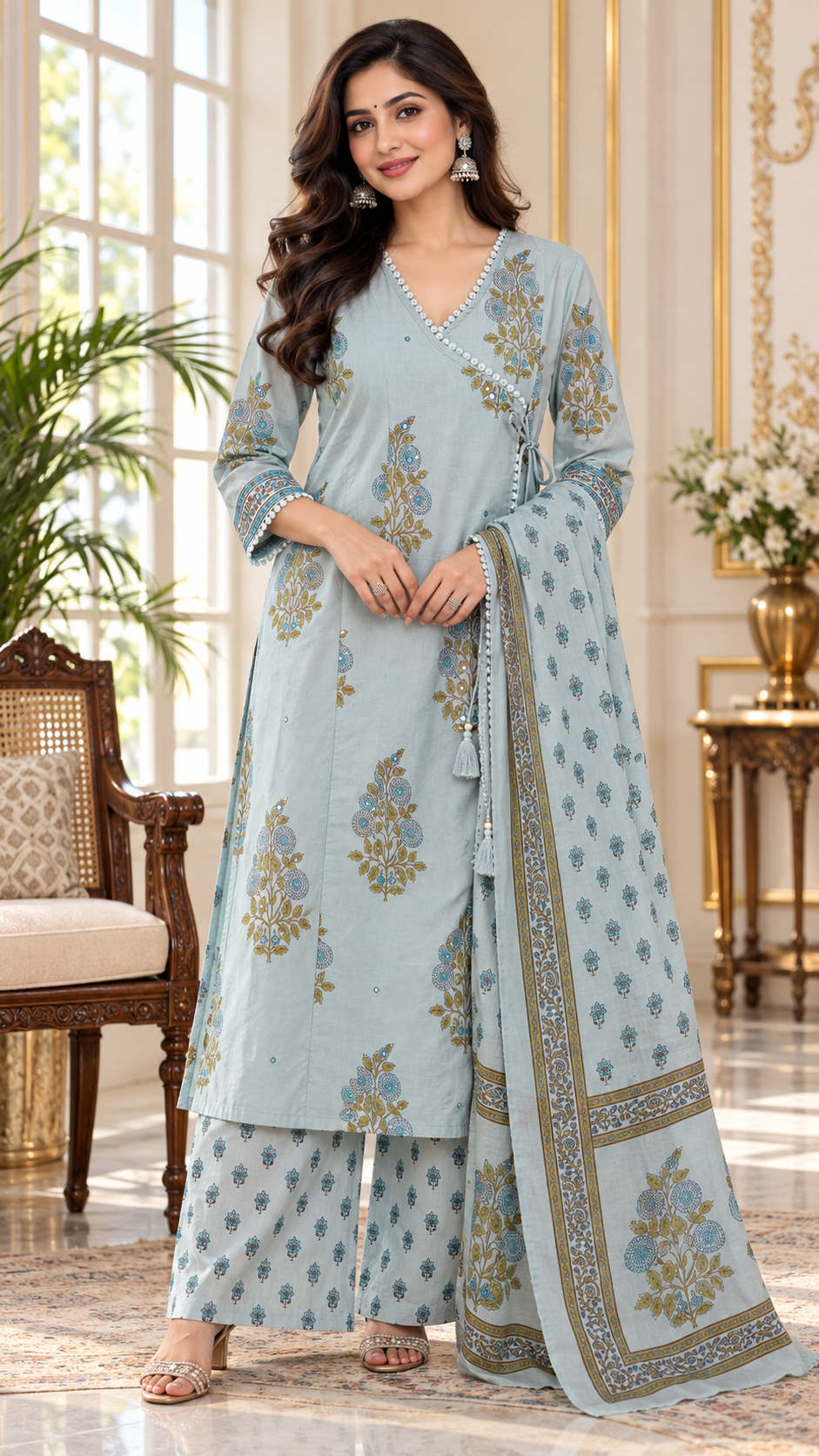 Sky Blue Printed Cotton kurta pant dupatta set for women - image 1