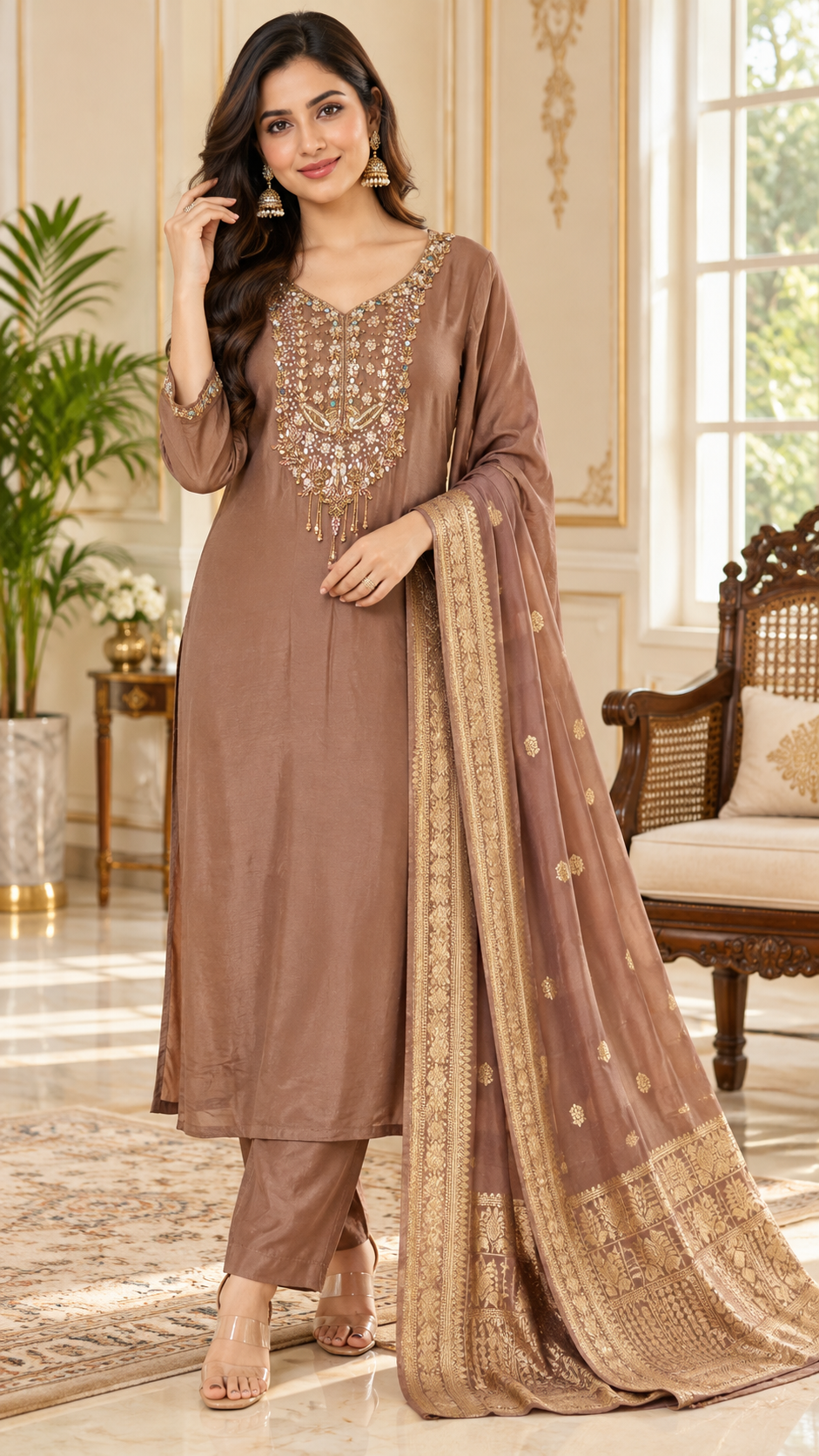 Gold Embroidered kurta pant dupatta set for women - image 1