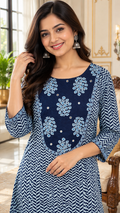 Blue Printed Cotton kurta pant dupatta set for women - image 1