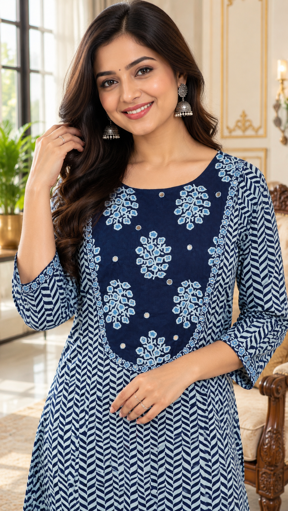 Blue Printed Cotton kurta pant dupatta set for women - image 1