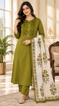 Green Embroidered Cotton kurta pant dupatta set for women - image 1