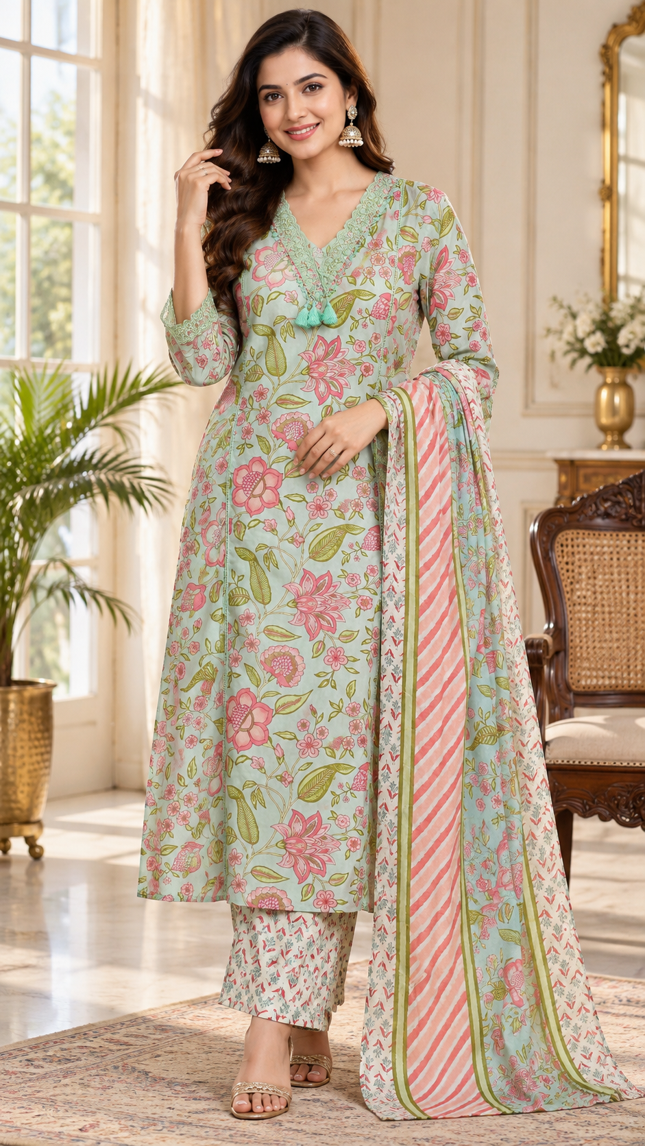 Multicolour Floral Printed Cotton kurta pant dupatta set for women - image 1