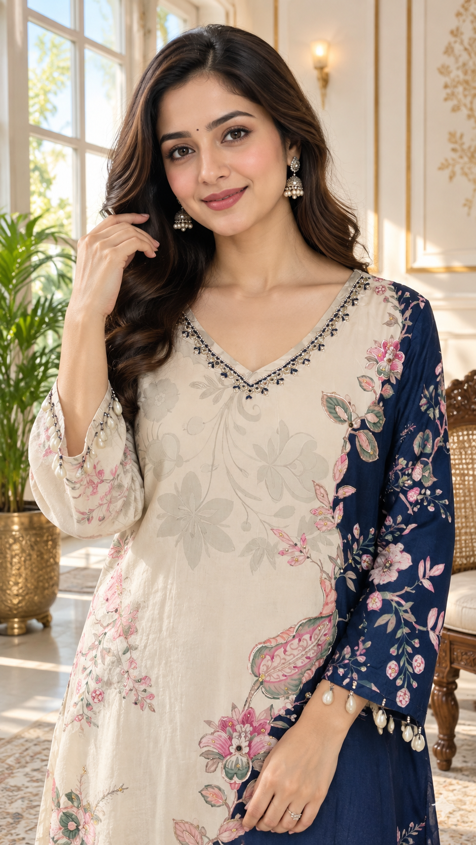 Beige Embroidered kurta pant dupatta set for women - image 2