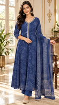 Blue Bandhani Print Cotton kurta pant dupatta set for women - image 1