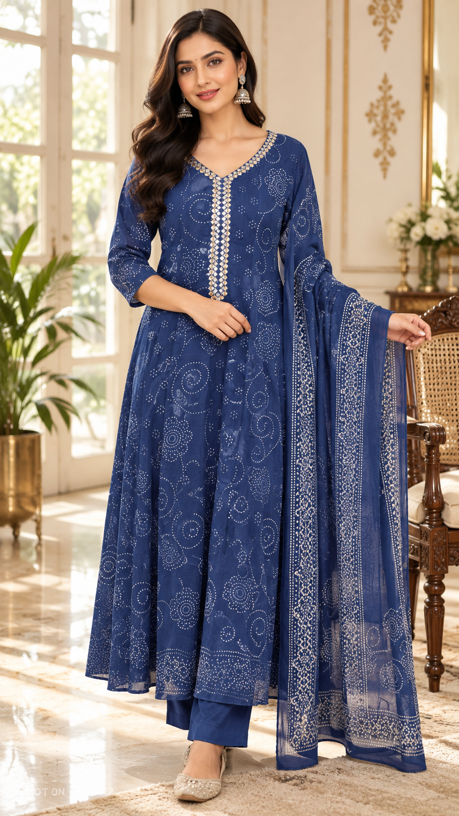 Blue Bandhani Print Cotton kurta pant dupatta set for women - image 1