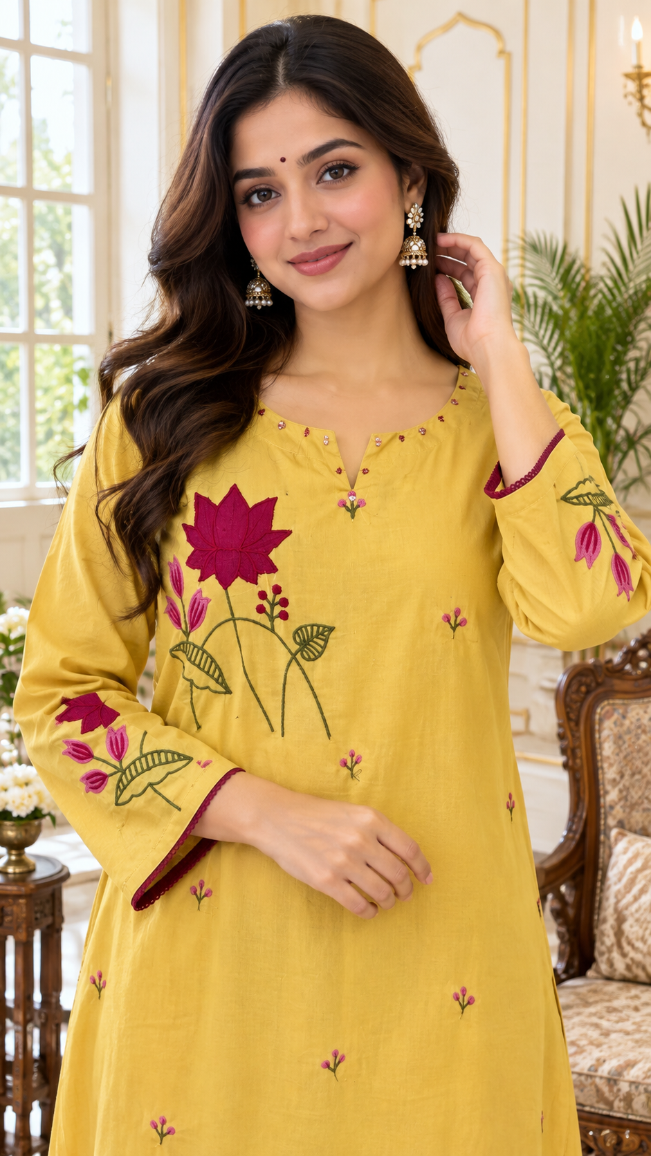 Yellow Embroidered Cotton kurta pant dupatta set for women - image 2