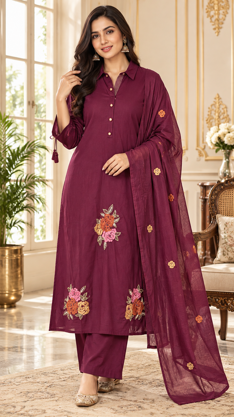 Purple Embroidered Cotton kurta pant set for women - image 1