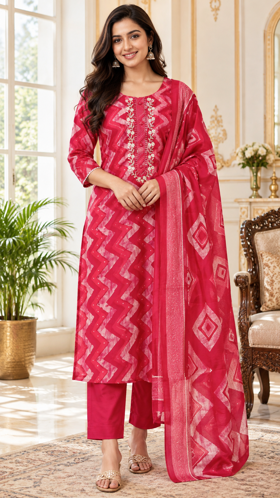 Pink Embroidered Silk kurta pant dupatta set for women - image 1