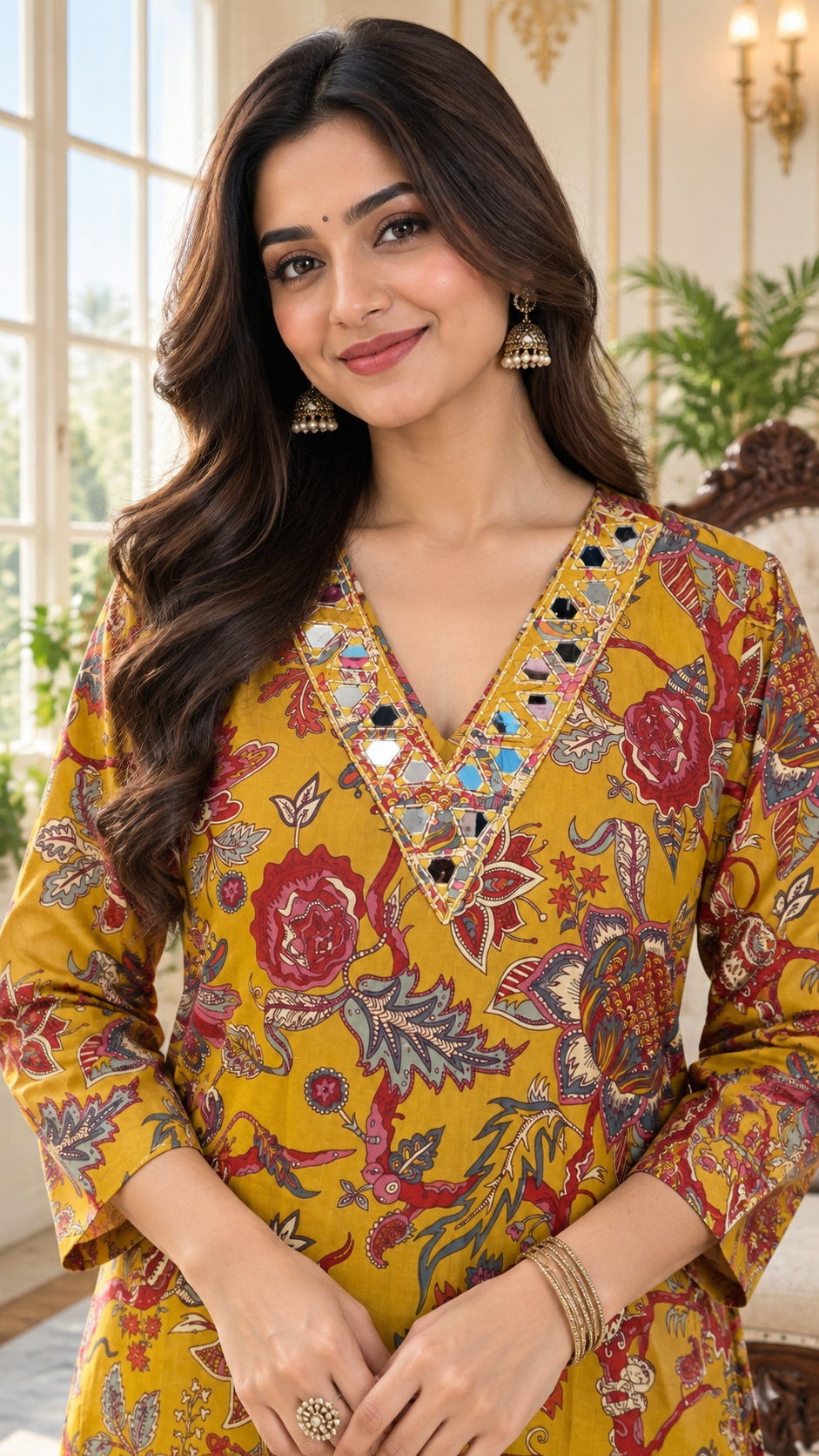 Mustard Yellow Mirror Work Cotton kurta pant dupatta set for women - image 1