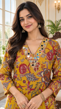 Mustard Yellow Mirror Work Cotton kurta pant dupatta set for women - image 1