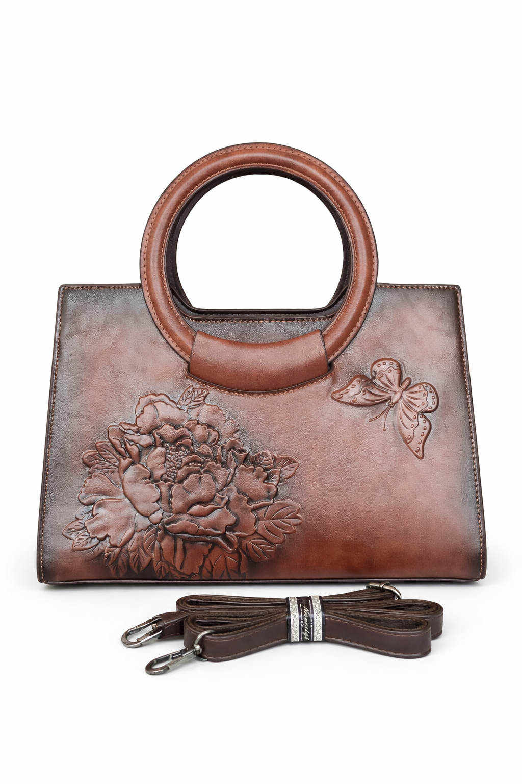 Super Classic Rich Coffee Brown Embossed Floral And Butterfly Design Elegant Handbag