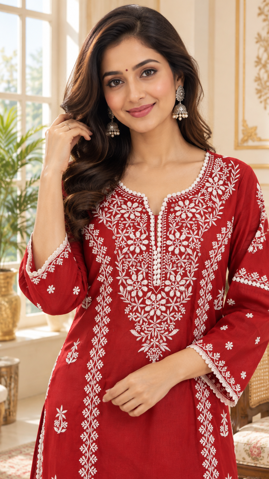 Red Chikankari Cotton kurta pant dupatta set for women - image 1