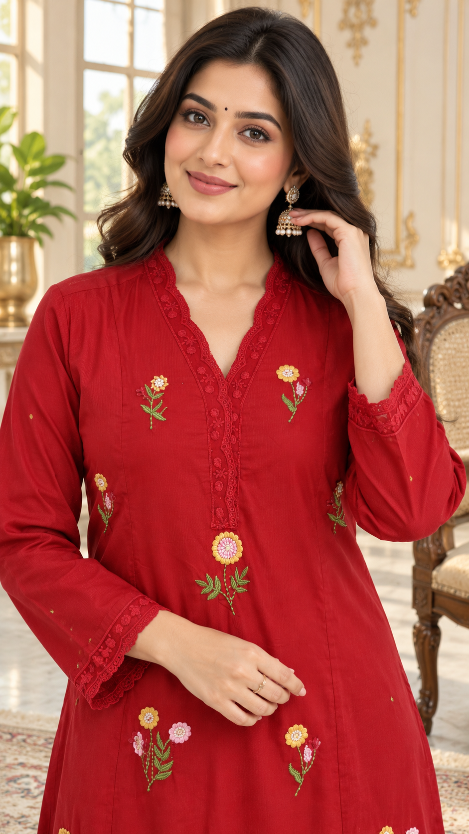 Red Embroidered Cotton kurta pant dupatta set for women - image 2