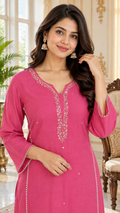 Pink Embroidered Cotton kurta pant dupatta set for women - image 1