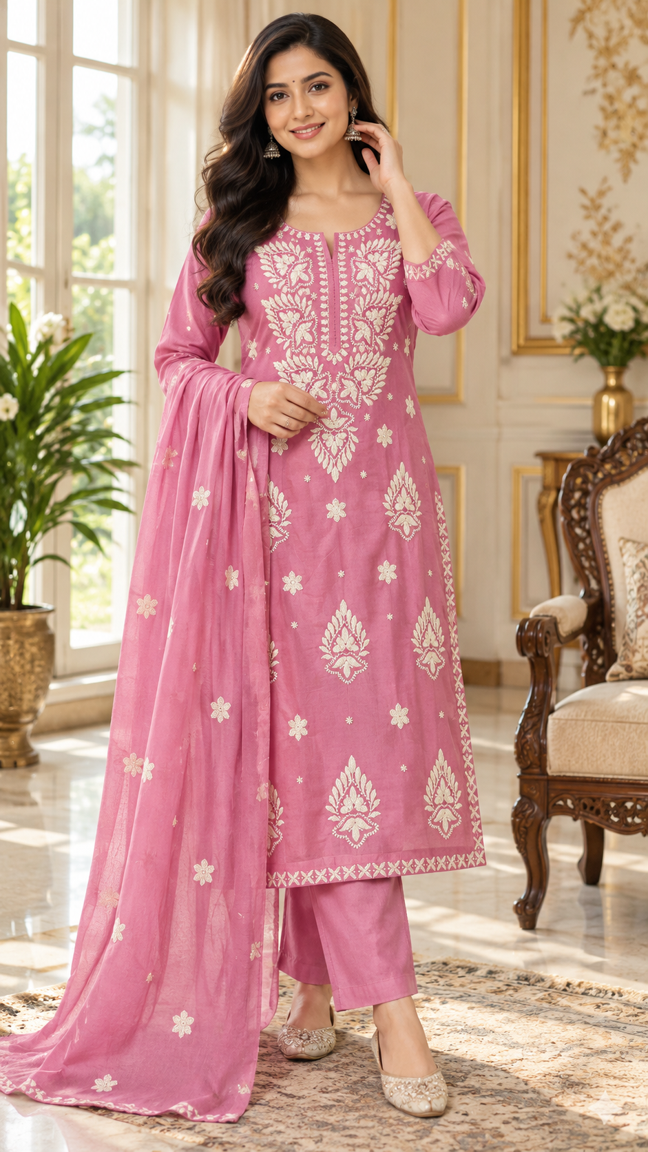 Pink Lucknowi Chikankari Cotton kurta pant dupatta set for women - image 2