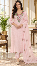 Pink Embroidered Cotton kurta pant dupatta set for women - image 1