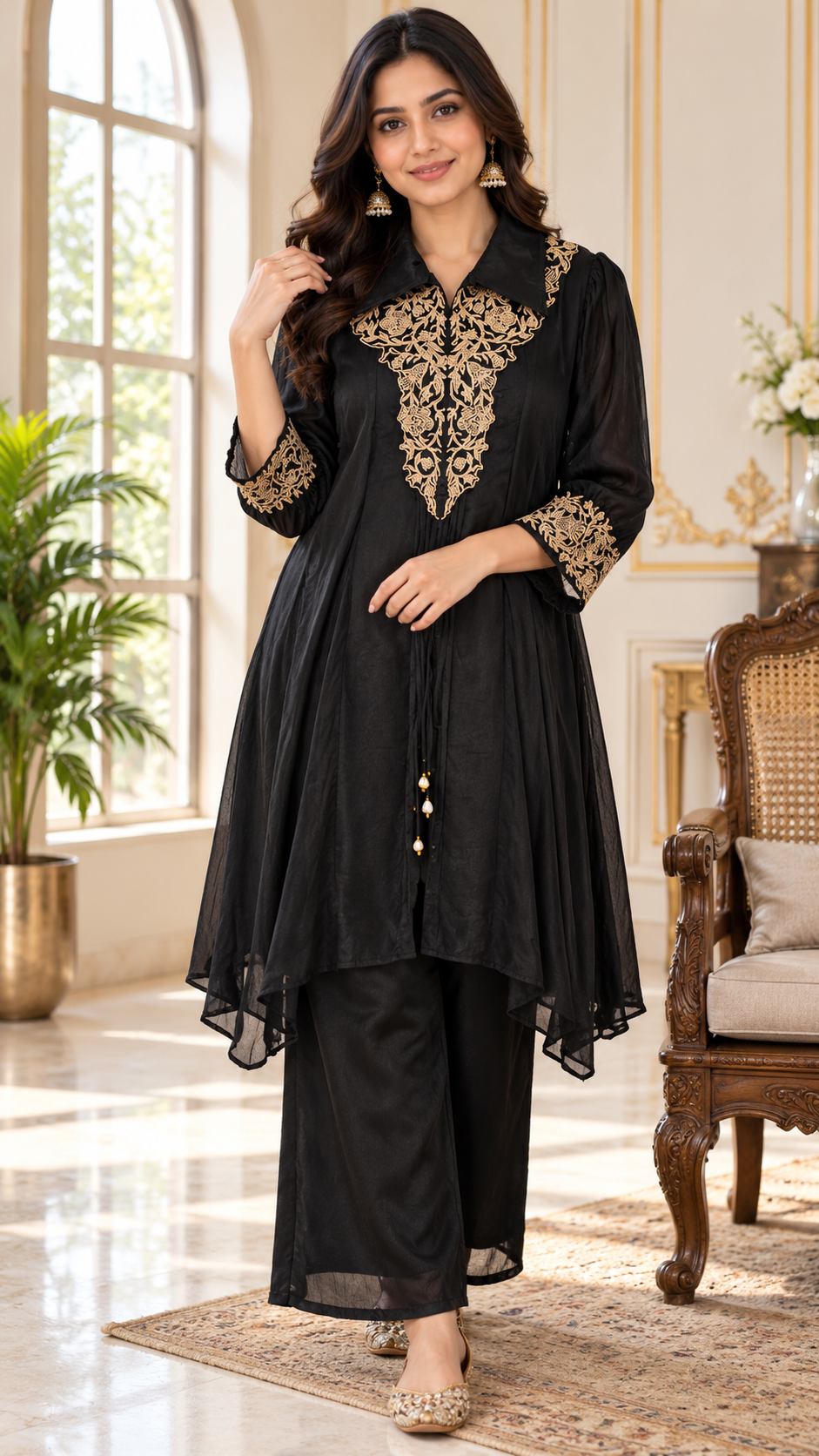 Black Zari Work Linen kurta pant set for women - image 1