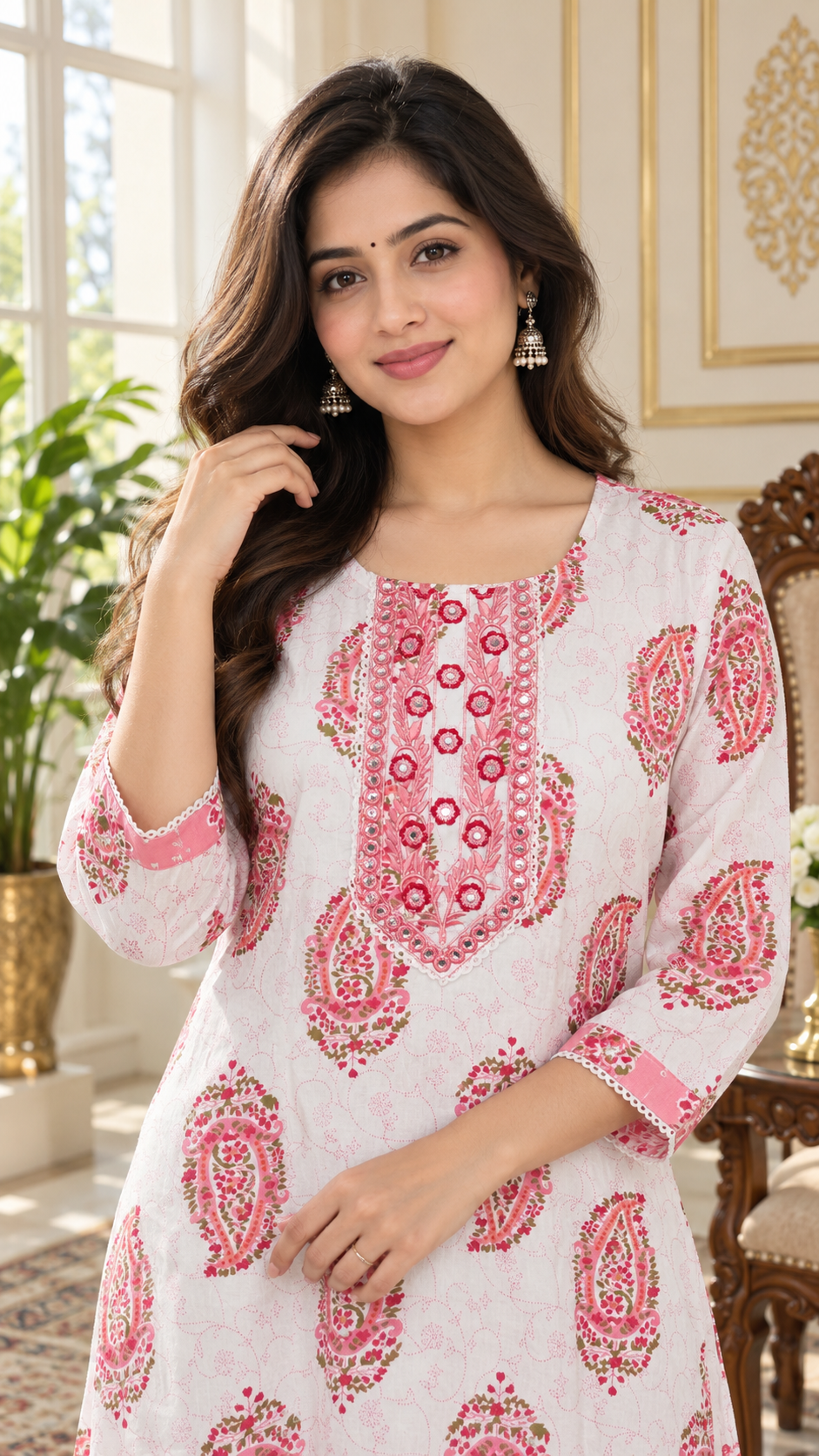 White Mirror Work Cotton kurta pant dupatta set for women - image 1