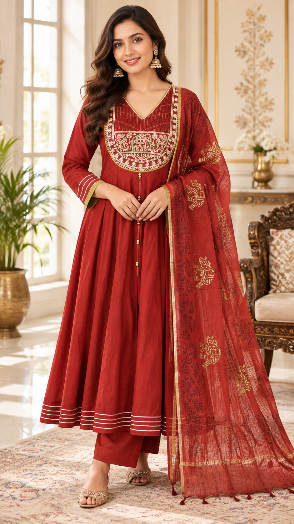 Maroon Zari Work Cotton kurta pant dupatta set for women - image 1