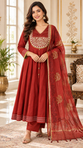 Maroon Zari Work Cotton kurta pant dupatta set for women - image 1