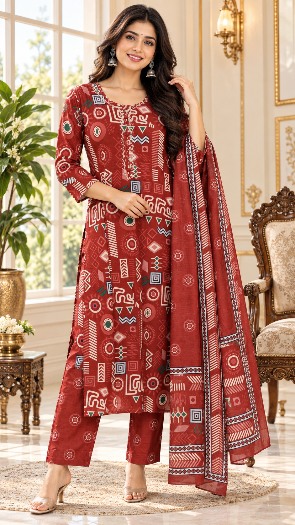 Red Printed Cotton kurta pant dupatta set for women - image 1