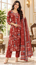 Red Printed Cotton kurta pant dupatta set for women - image 1