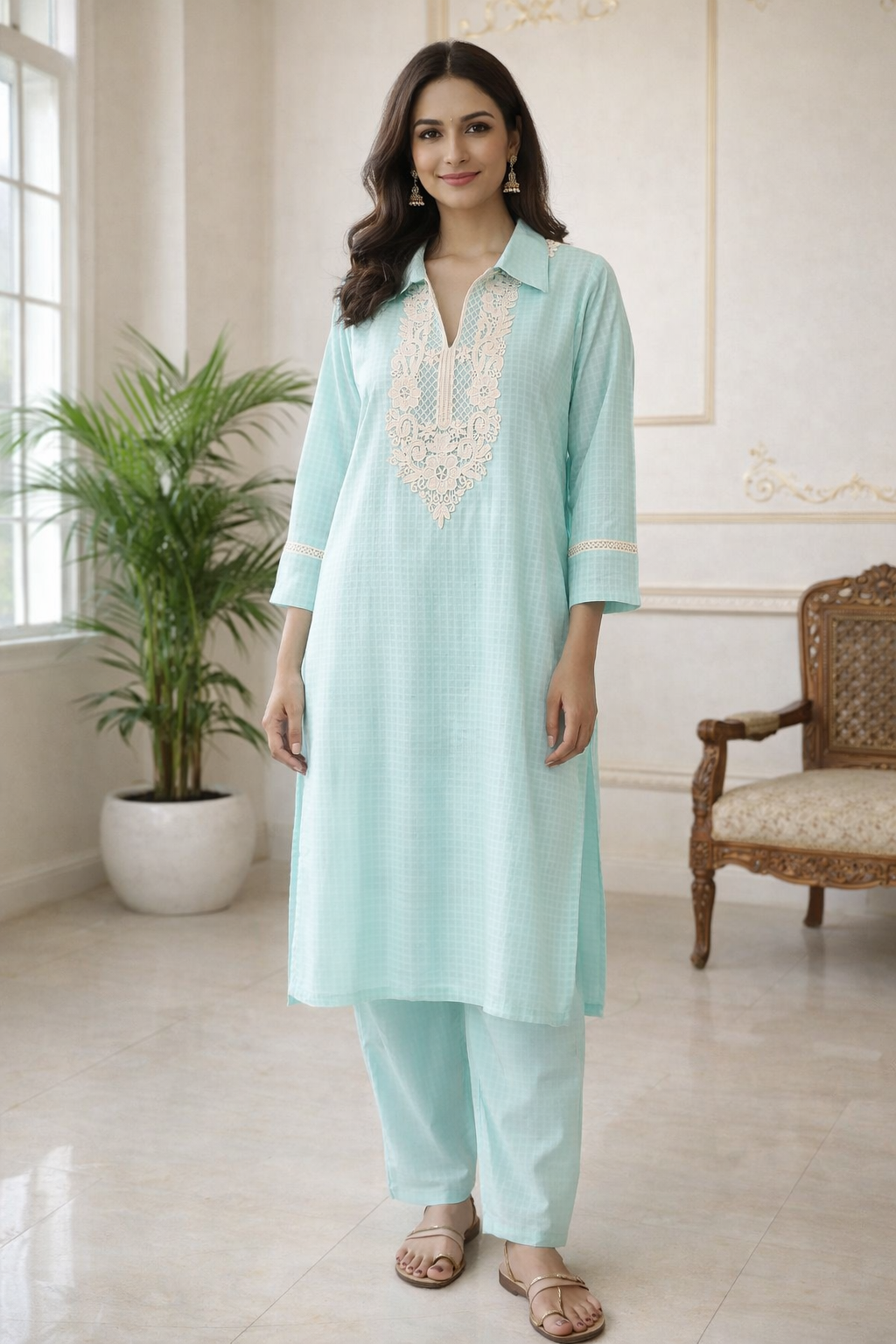 Women Sky Blue Thread Chikankari Embroidered Cotton Kurta Pant Set