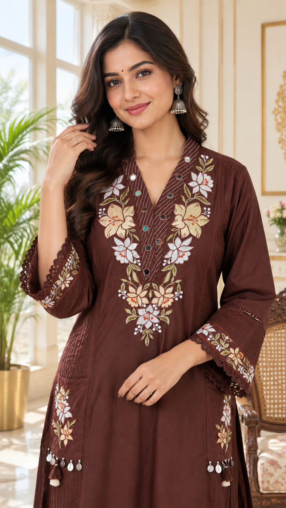 Brown Embroidered Cotton kurta pant dupatta set for women - image 1
