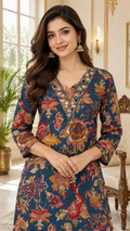 Blue Mirror Work Cotton kurta pant dupatta set for women - image 1