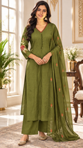 Green Embroidered Cotton kurta pant dupatta set for women - image 1