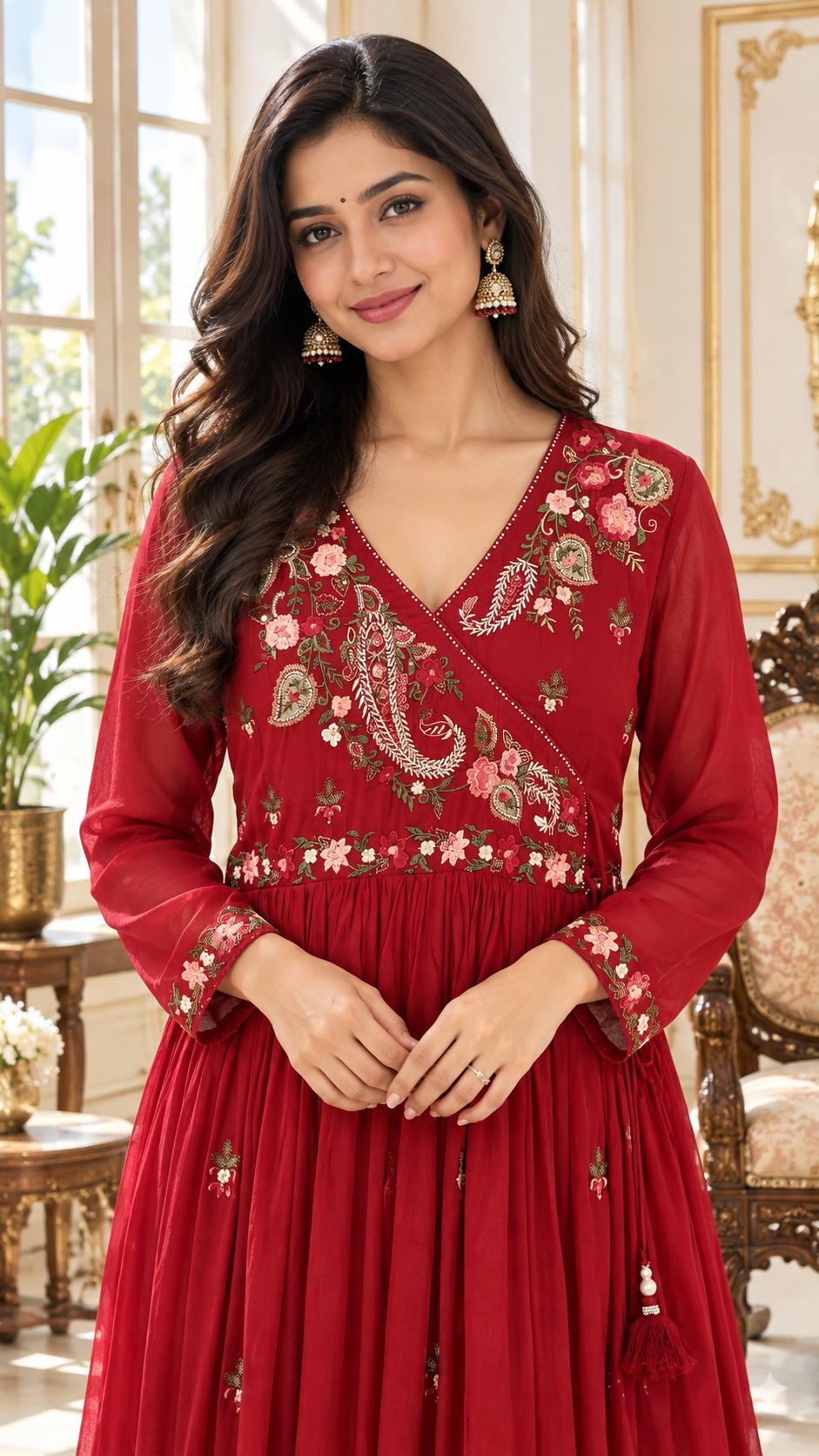 Red Embroidered Cotton kurta pant dupatta set for women - image 2