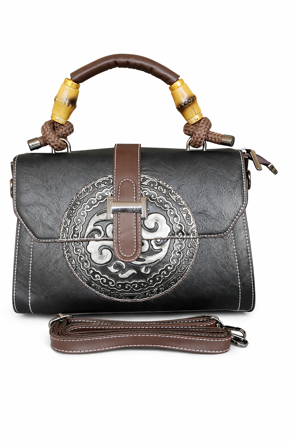 Super Classic Black Circular Sliver Toned Design Elegant Handbag