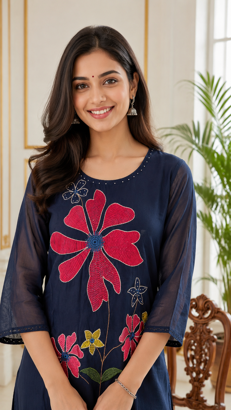 Women Navy Blue Large Floral Beads & Thread Work Mul Cotton Kurta Pant Dupatta Set