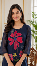 Women Navy Blue Large Floral Beads & Thread Work Mul Cotton Kurta Pant Dupatta Set