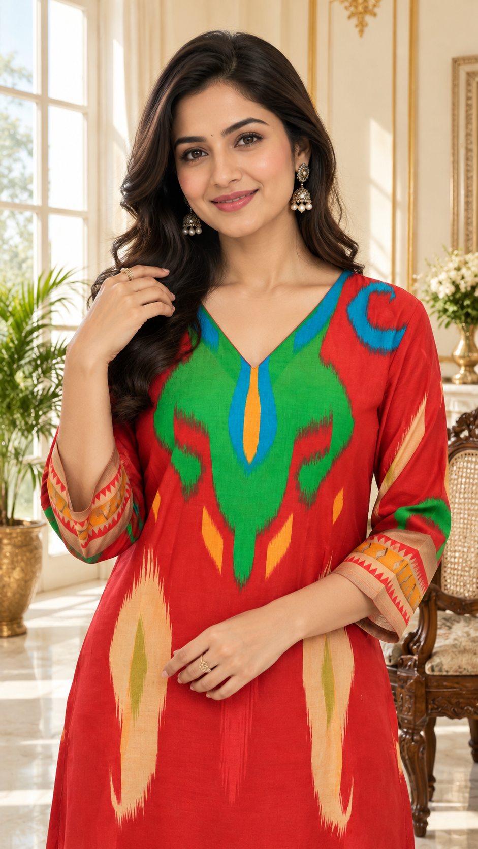 Red Printed Cotton kurta pant dupatta set for women - image 1