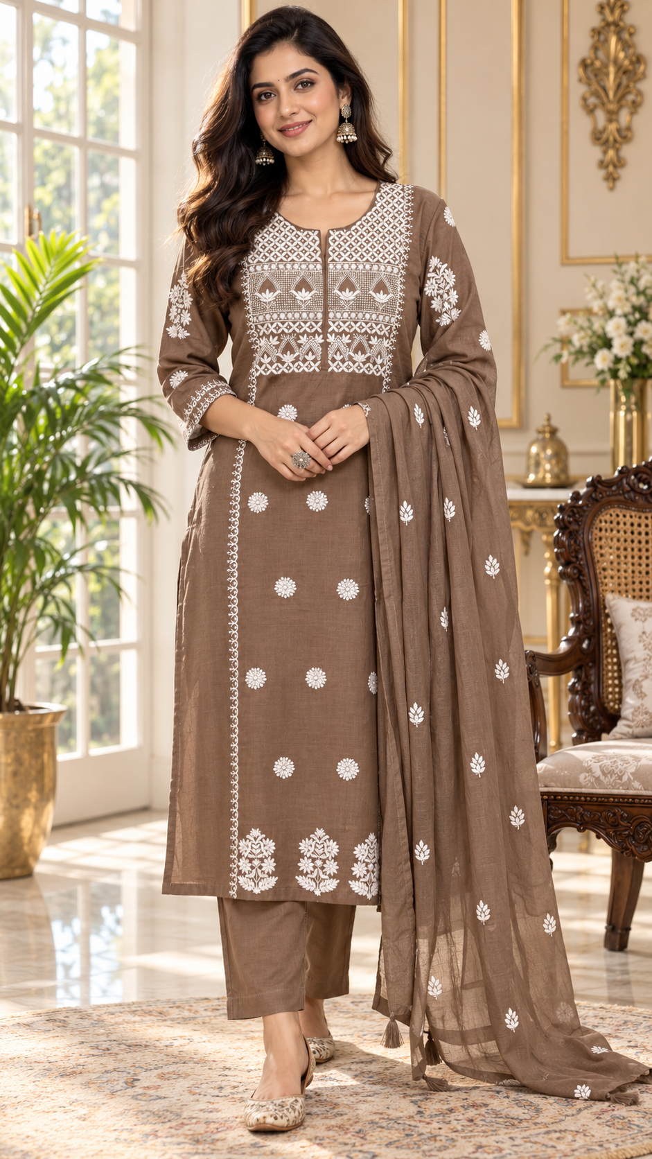 Brown Chikankari Cotton kurta pant dupatta set for women - image 1