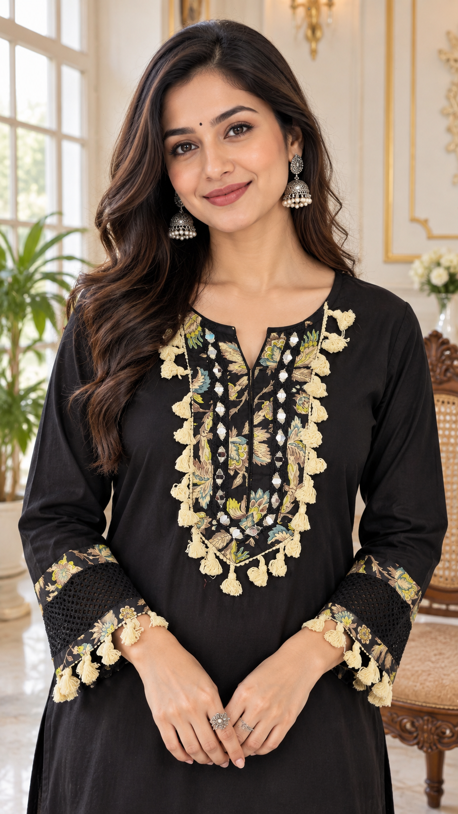 Black Embroidered Cotton kurta pant dupatta set for women - image 1