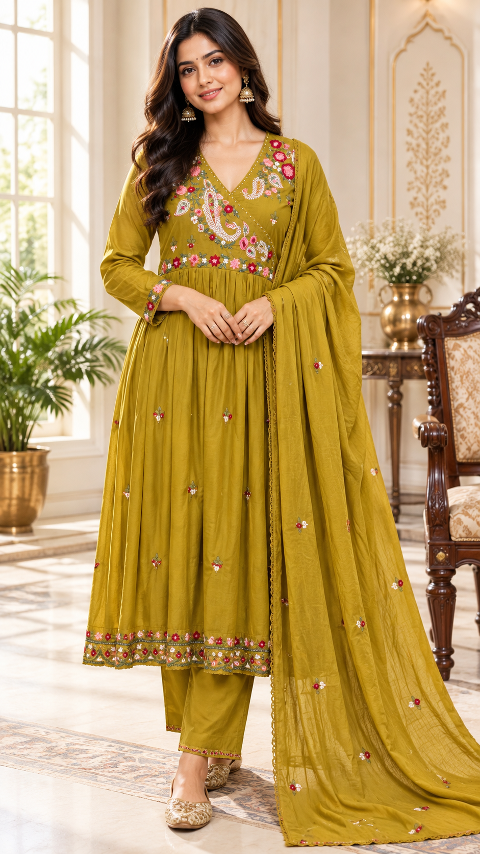 Mustard Yellow Embroidered Cotton kurta pant dupatta set for women - image 1