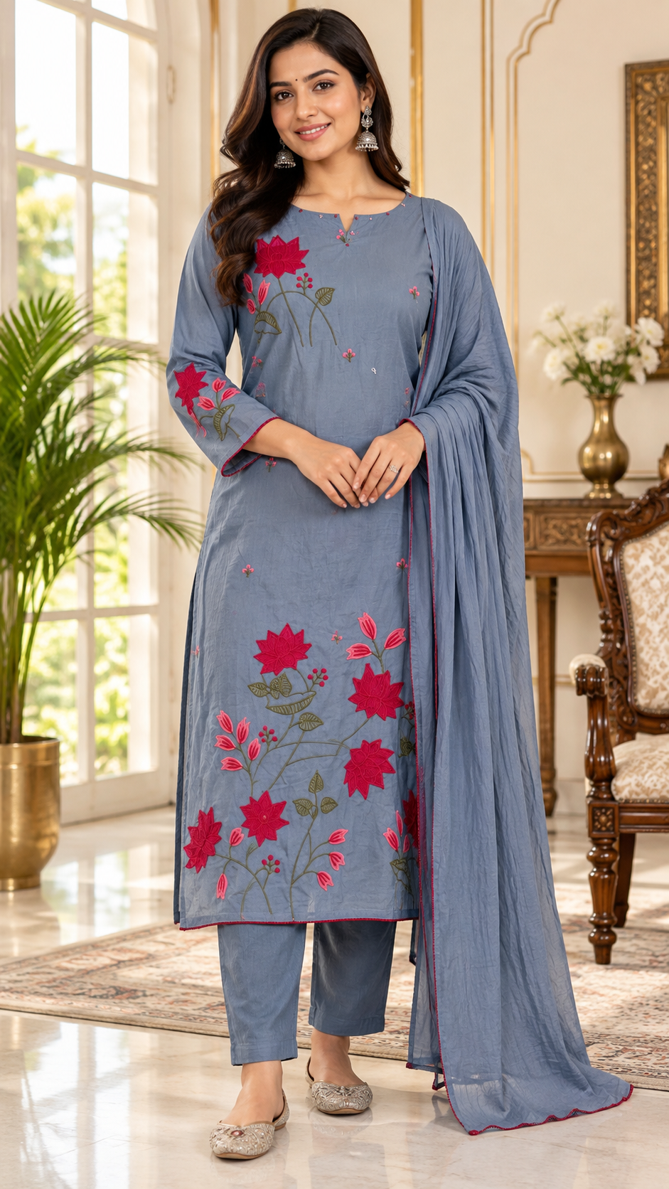 Gray Embroidered Cotton kurta pant dupatta set for women - image 1