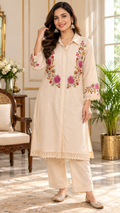 Beige Embroidered Cotton kurta pant set for women - image 1