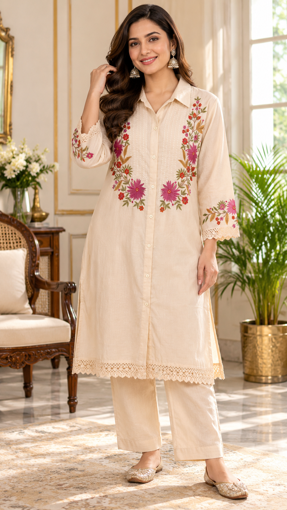 Beige Embroidered Cotton kurta pant set for women - image 1