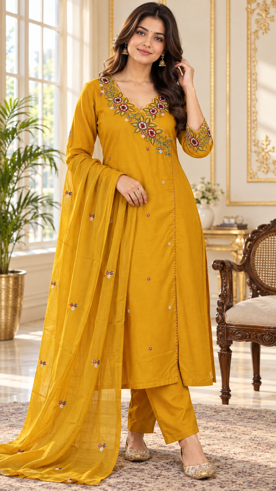 Yellow Cotton kurta pant dupatta set for women - image 2