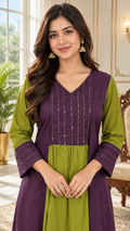 Purple Embroidered Cotton kurta pant dupatta set for women - image 1