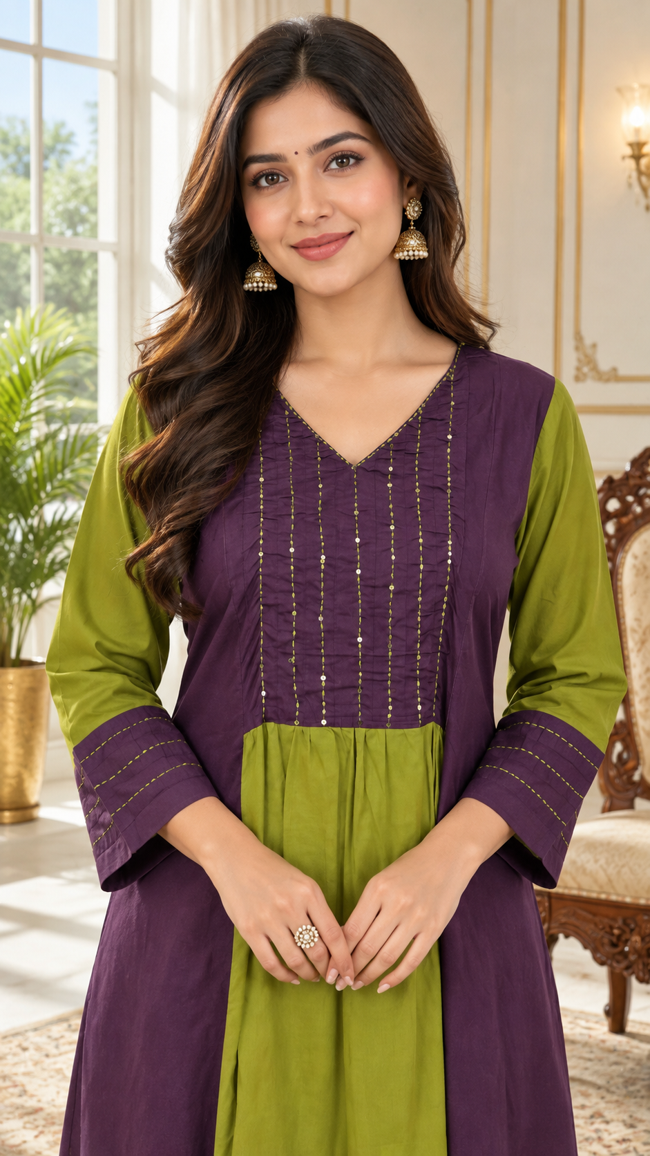 Purple Embroidered Cotton kurta pant dupatta set for women - image 1