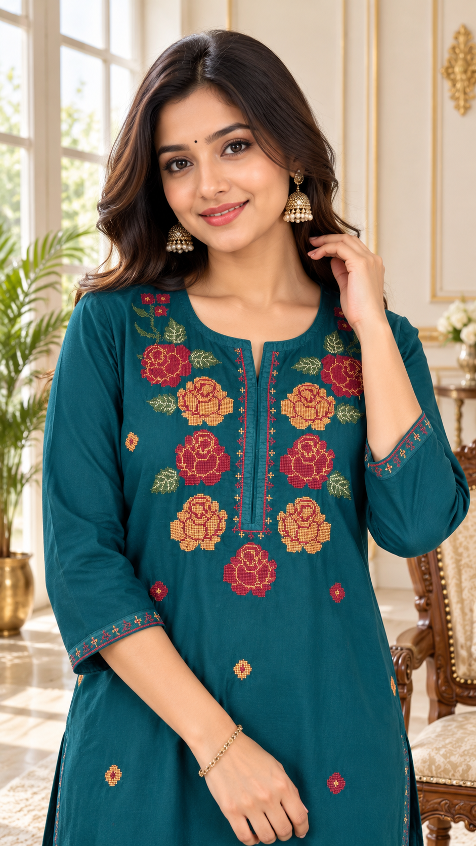 Teal Blue Embroidered Cotton kurta pant dupatta set for women - image 1