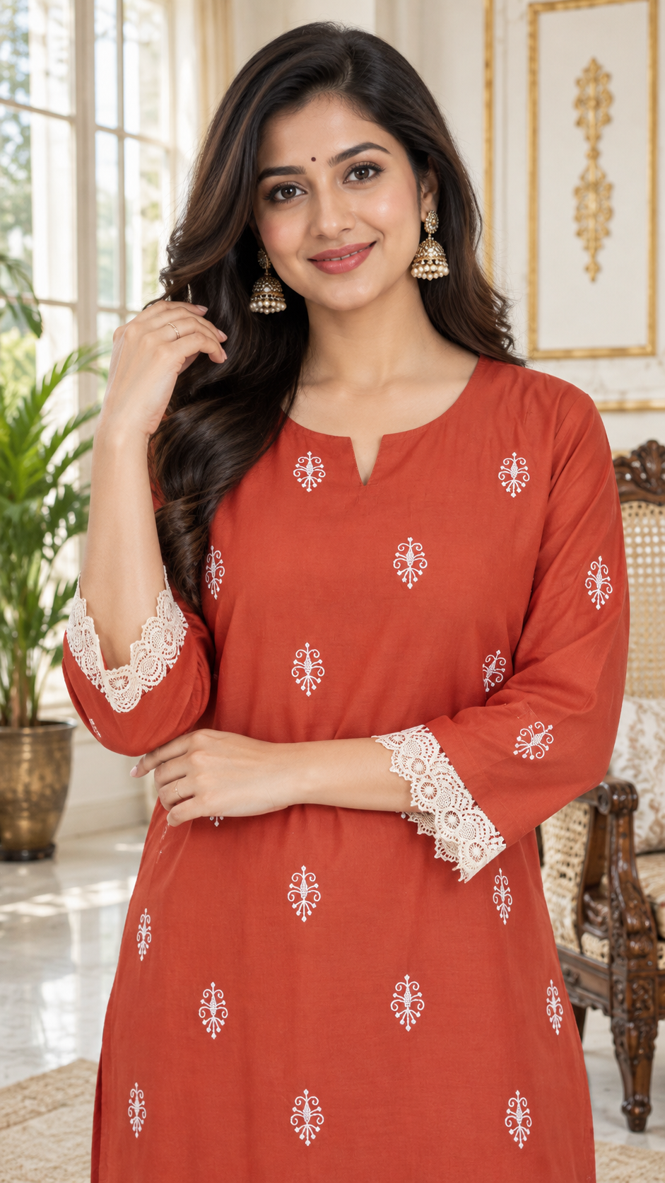 Orange Embroidered Cotton kurta pant dupatta set for women - image 1