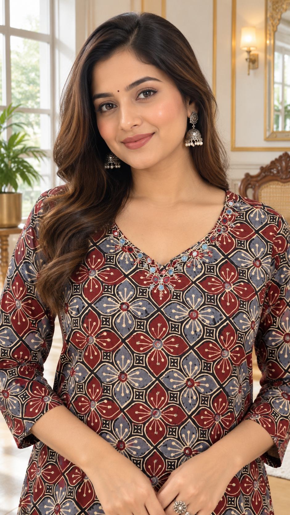 Brown Mirror Work Cotton kurta pant dupatta set for women - image 1