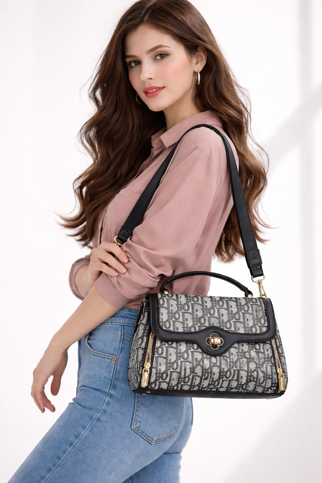 Super Classic Off-White With Black Repeating Monogram Pattern Elegant Handbag