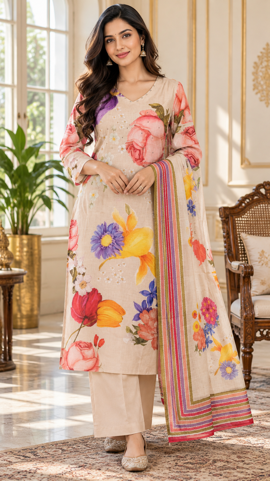 Beige Floral Cotton kurta pant dupatta set for women - image 2