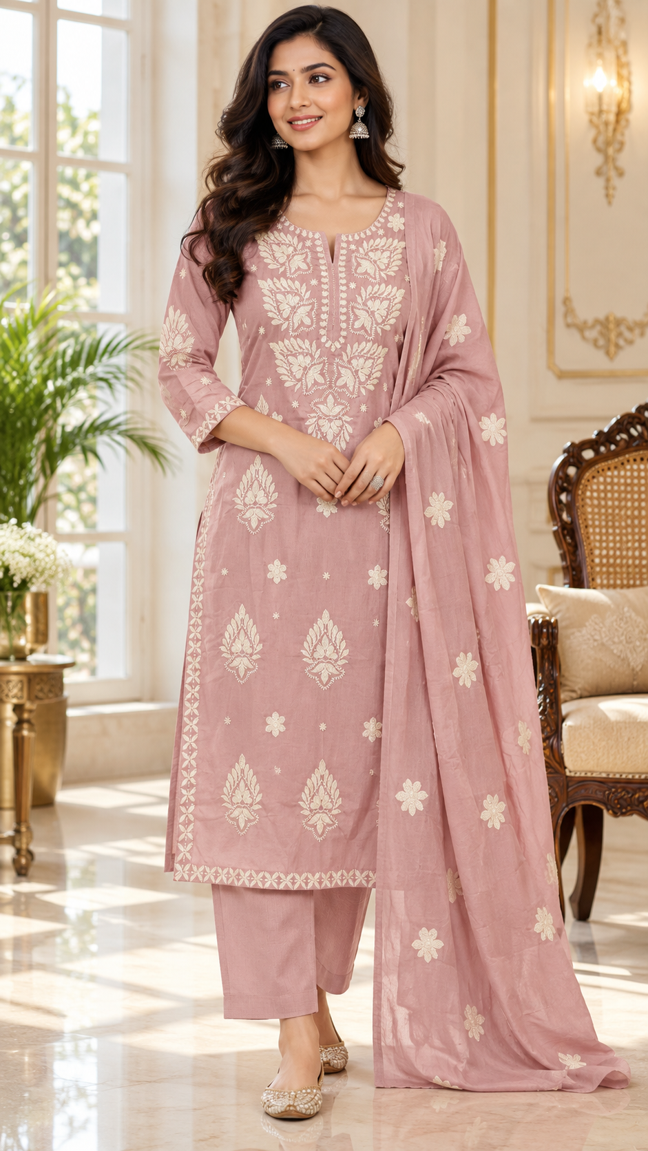 Nude Pink Thread Embroidered Cotton kurta pant dupatta set for women - image 1